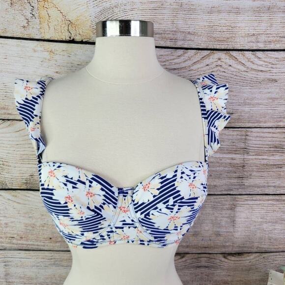 ASOS Other - Asos Womens Floral Striped Ruffle Strap Underwire Bikini Top Blue White Size 34D